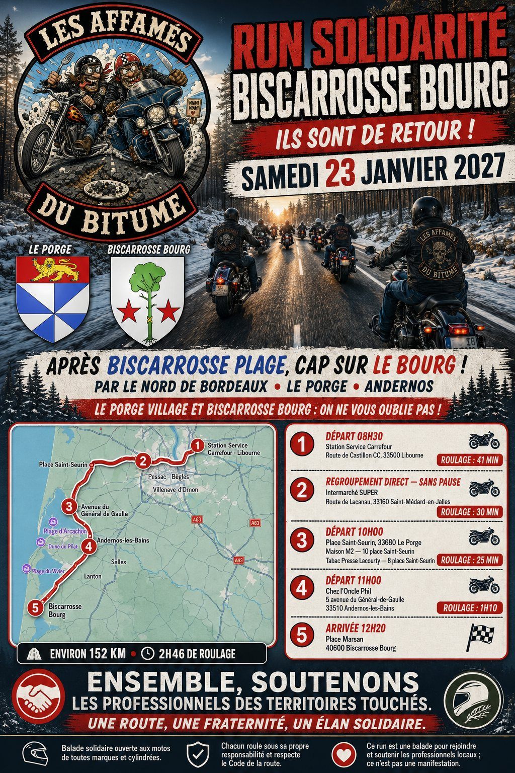 Affiche — Run Solidarité Biscarrosse Bourg, samedi 23 janvier 2027, Les Affamés du Bitume.