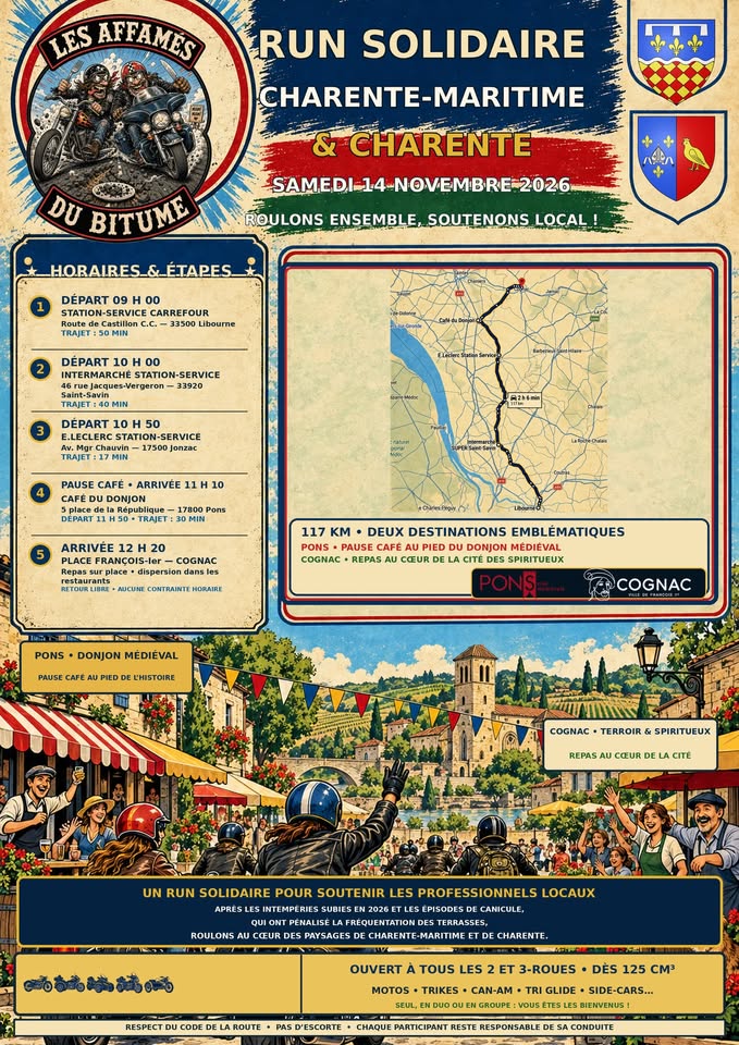 Affiche — Run Solidaire Charente-Maritime & Charente, samedi 14 novembre 2026, Les Affamés du Bitume.