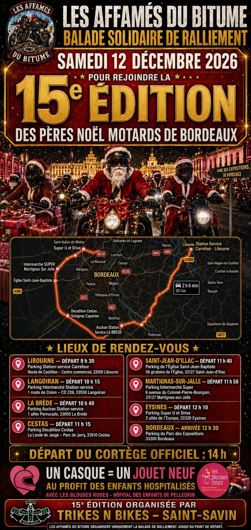 Affiche — 15ᵉ édition des Pères Noël Motards de Bordeaux, samedi 12 décembre 2026, Les Affamés du Bitume.
